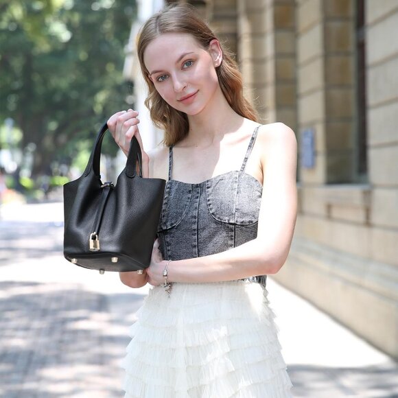 ⚡Women 02Black Trendy Genuine Leather Imported Bucket Bag Tote Top Handle Purses - Picture 4 of 6